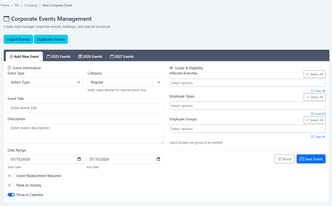 HRM.my special holiday management screen